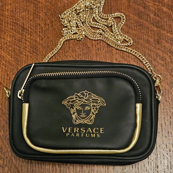 Black Versace Parfums Medusa Head Case & Gold Chain 7"x5". 3 Zippered Pockets - Picture 1 of 7